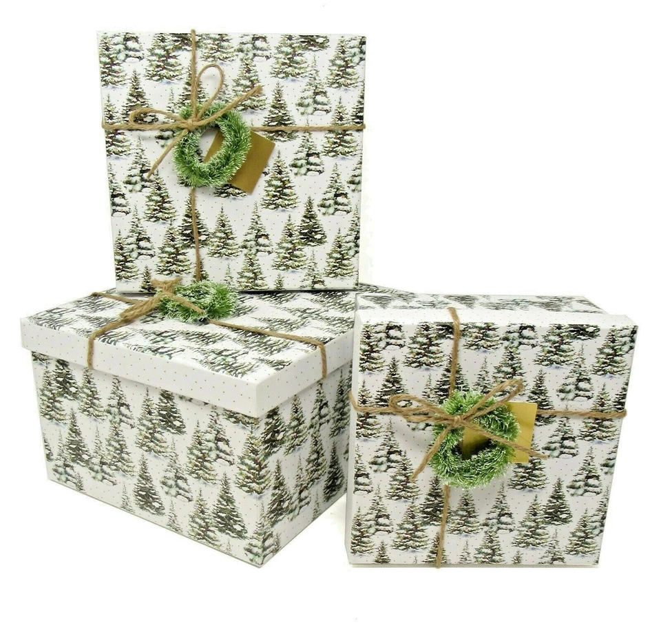 Set of 3 Punch Studio Decorative Keepsake Boxes Christmas Snowy Pine Trees 24119 - Image 2 of 4