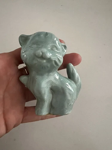 Vintage VAN BRIGGLE Pottery Ming Blue Turquoise Kitty Cat KITTEN Figurine