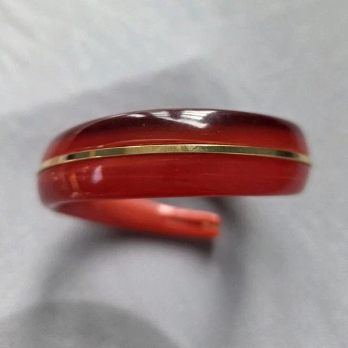 Vintage Red Bakelite Bangle Bracelet with Gold-Tone Accent Classic Jewelry