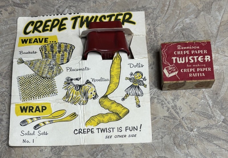 2 DENNISON CREPE PAPER TWISTERS 1 WOODEN BLOCK 1 PLASTIC / ACRYLIC