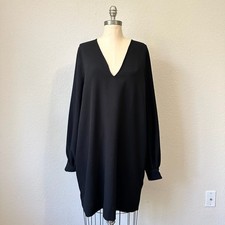 GANNI Mini Dress Womens Sz 42 Large Black Stretch V-Neck Long Sleeve Crepe Shift