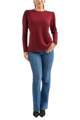 DG2 by Diane Gilman Women's Novelty Button Crew Neck Top Cabernet