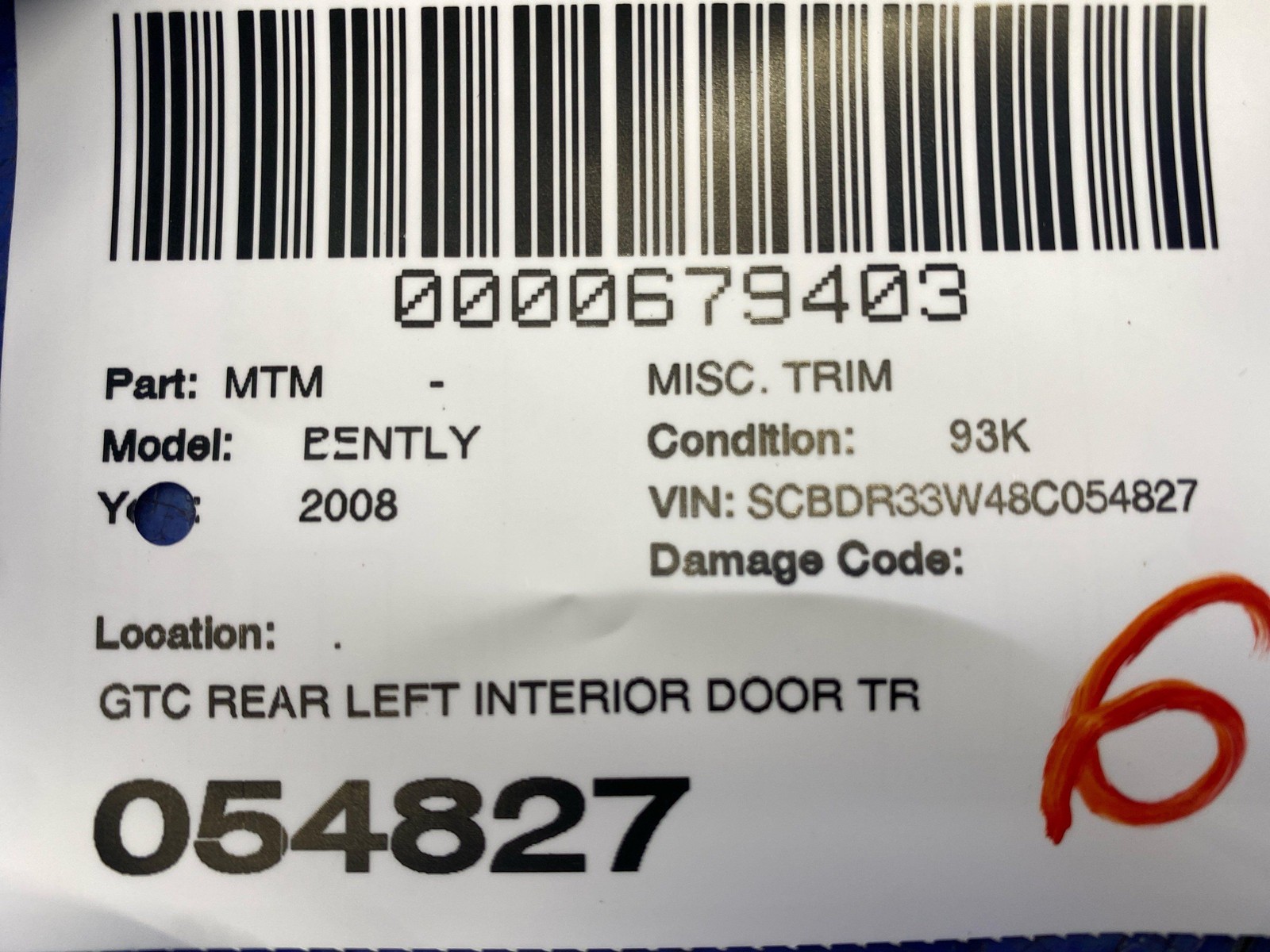 2006-2011 BENTLEY CONTINENTAL GTC REAR LEFT INTERIOR DOOR TRIM COVER 3W7868687