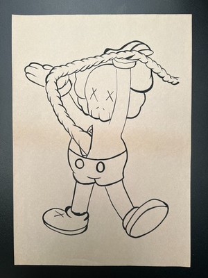 KAWS (Handmade) Zeichnung auf altem Papier signiert Mischtechnik, Vintage Kunst