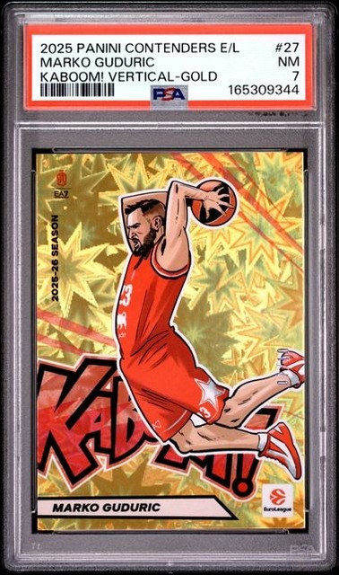 2025-26 Contenders EuroLeague Marko Guduric #27 Kaboom Vertical Gold 07/10 PSA 7