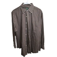 Polo By Ralph Lauren Custom Fit Brown Red Plaid Button Up Shirt Size XL 17-32/33