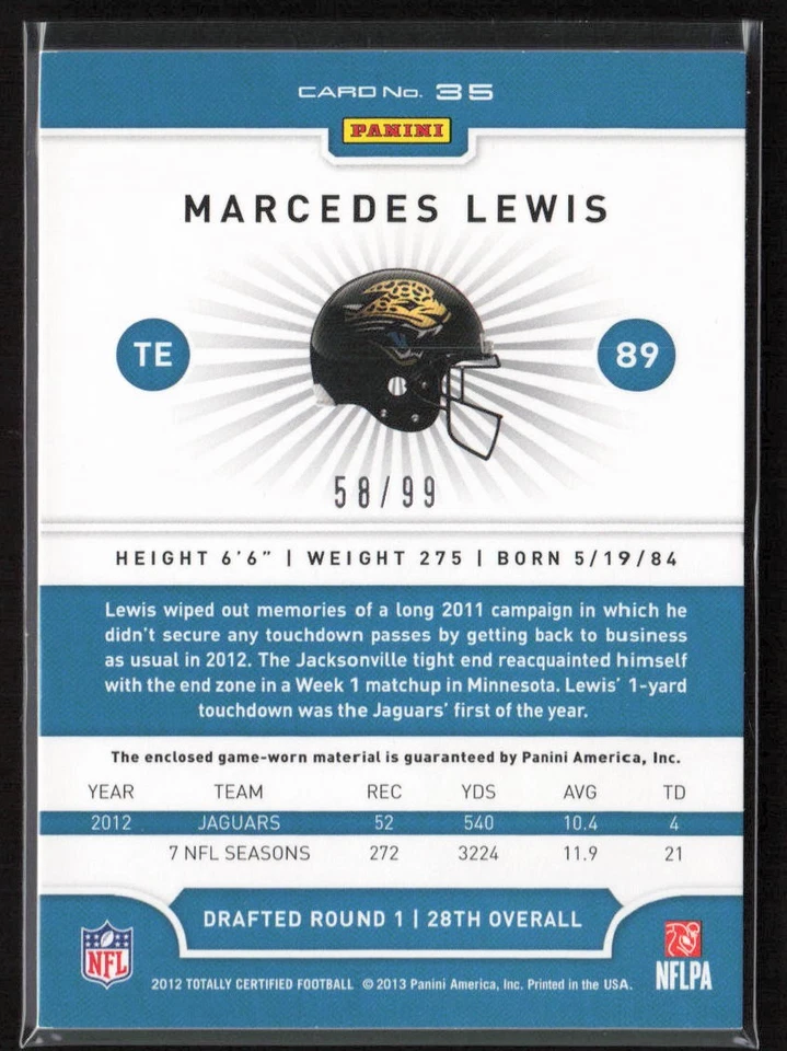 2012 Panini Totally Certified Blue GU Jersey /99 Marcedes Lewis #35 Jaguars - Image 2 of 2