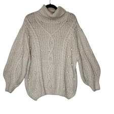 Wishlist Ivory Fisherman Cable Knit Wool Blend Bishop Slv Oversized Swtr Sz M/L