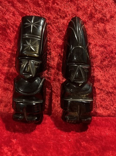 Black Obsidian Stone Aztec Mayan Statue Set Of 2 - Picture 5 of 7