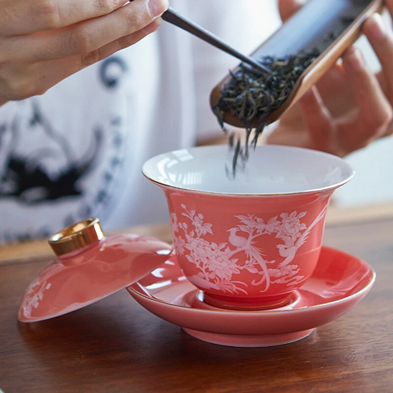 160 мл фарфора Гайван цветок рельеф Sancai чаша блюдце керамическая диафрагма крышка подарок - Изображение 3 из 4