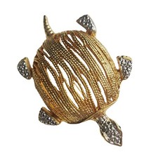 Vintage Unmarked Goldtone Sea Turtle Brooch Pin Green Eyes Ocean Life