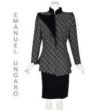EMANUEL UNGARO Vintage Black White Plaid Wool Jacket Velvet Skirt, SZ 12