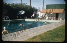 Swimming Pool Man Diving Board Umbrella 35mm Slide 1950s Red Border Kodachrome