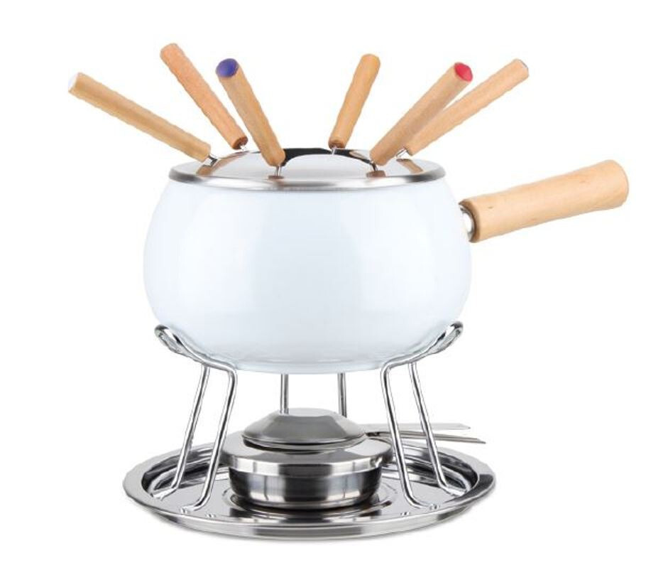 Set Fonduta Eva Bianco Lucido 12 Pezzi | Design Moderno Legno e Acciaio