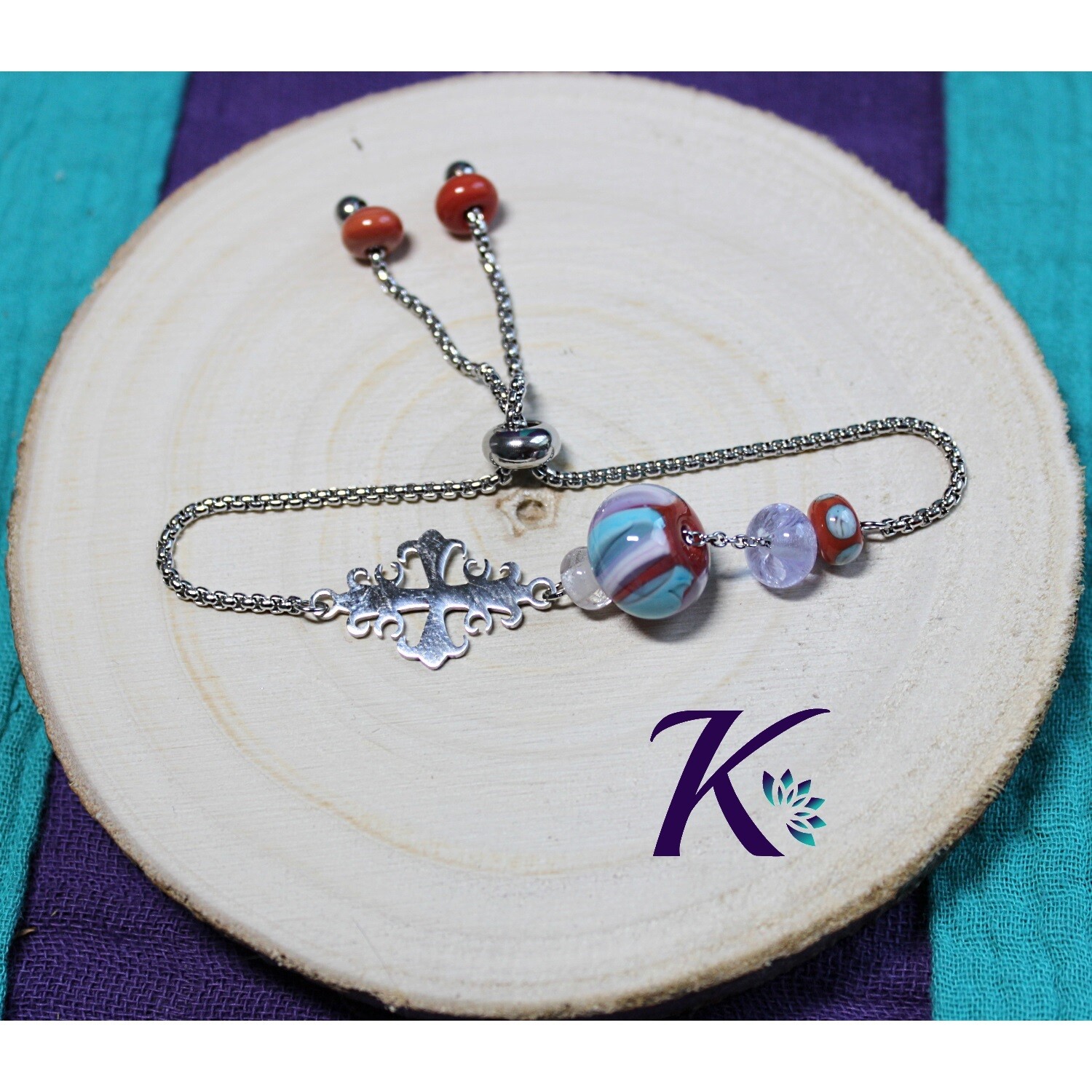 Pièce unique bracelet perles verre filé Murano violet corail turquoise pour femme