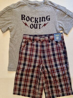 NWT Boys 8 Gymboree  ROCK 101  Cotton Burgundy/Gray 2pc PLAID SHORTS & TOP Set