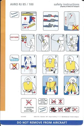 Safety Card - Delta Air Transport (DAT) - Avro RJ 85 100 - c2002 (S3965) - Picture 1 of 1