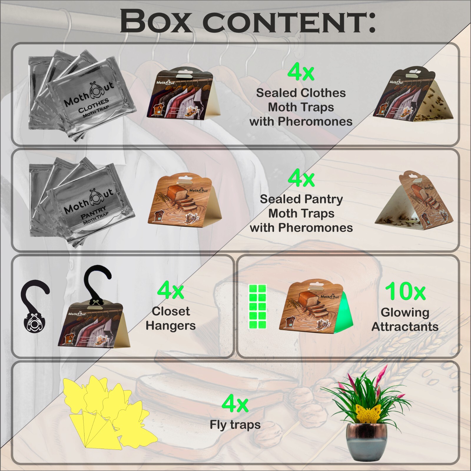 MothOut Pheromone Clothes & Carpet Moth Traps + Pantry Moth Traps + Fly