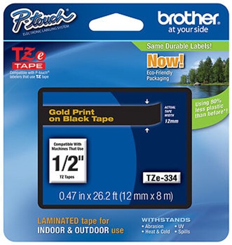 Original Brother TZE-R334 Gold On Black Non-Adhesive Ribbon Tape