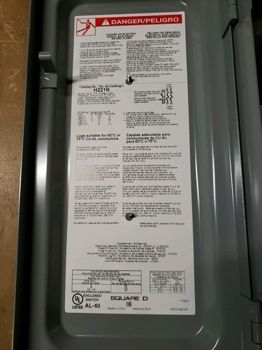 Square D H221N Heavy Duty Safety Switch 240V 30A Series F05 1Z-1645-Z12 - Picture 2 of 3