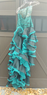 Women's Long Turquoise Dress Style 9267 Size 10 100% Polyester Black & Blue  | eBay