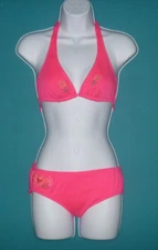 Vtg 70s Sears Jr Bazaar Hot Pink Knit Bikini Embroidered Flowers Heart Sz S