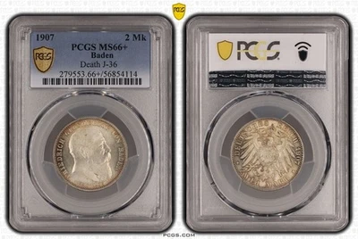 Münze Silber Baden 2 Mark 1907 Tod des Großherzogs PCGS MS66+ Pracht nswleipzig - Bild 1 von 3
