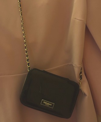 YSL Beauty Schwarz Kunstleder Make-up Kosmetik Koffer Tasche Box mit Spiegel