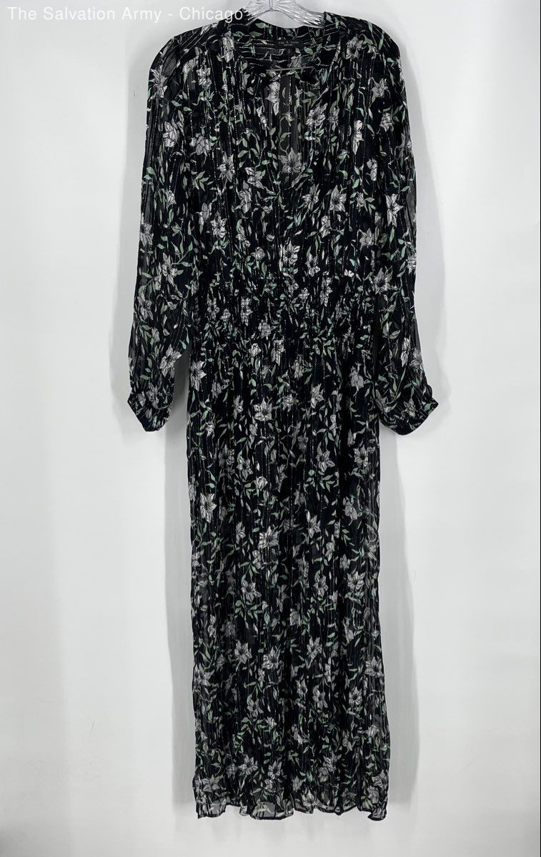 Rag & Bone Womens Black Green Floral Long Sleeve Smocked Maxi Dress Size M