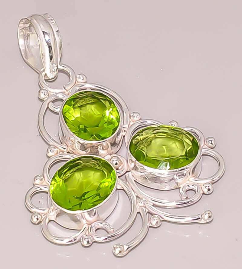 Green Peridot Faceted Quartz 925 STERLING SILVER PLATED PENDANT