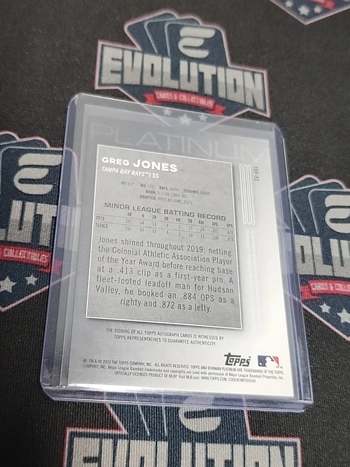 2020 Bowman Platinum Greg Jones #TOP-53 Prospect Blue Auto /150 Tampa Bay Rays! - Image 2 of 2