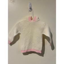 Vintage Julius Berger Kids Knit Hoodie Cream Pink Back Zip Sweater USA Made