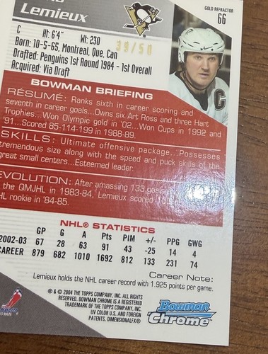 Bowman 2003 cromo Mario Lemieux draft picks & prospects refractor de oro/50 leer - Imagen 17 de 24