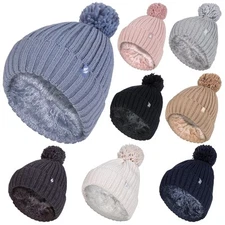 Heat Holders - Womens Ribbed Cuffed Thermal Insulated Winter Pom Pom Bobble Hat