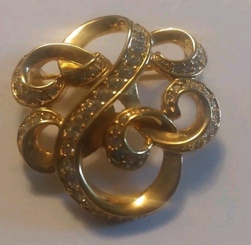 Anne Klein Gold Toned Rhinestone Swirl Brooch Pin