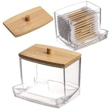Cotton Swab Holder Jar with Bamboo Lid Clear Plastic Bathroom Storage