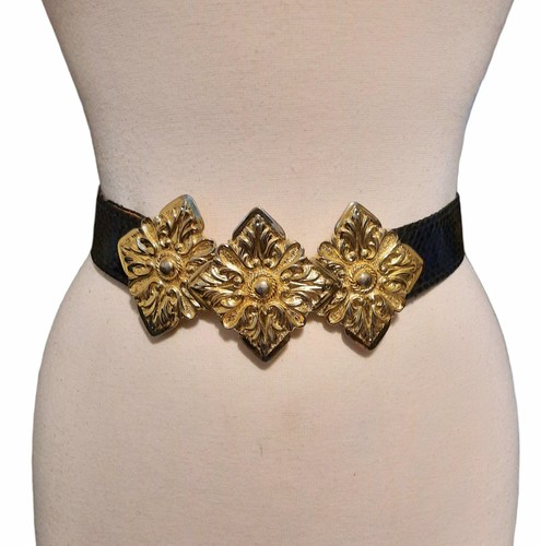Cintura larga vintage ALEXIS KIRK pelle di serpente nera con fibbia oro stile etrusco 2 pezzi taglia - Foto 4 di 8