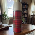 Vintage Thermos Metal Red Plaid Vacuum Bottle Thermos w/ Plastic Cup Lid — photo 1