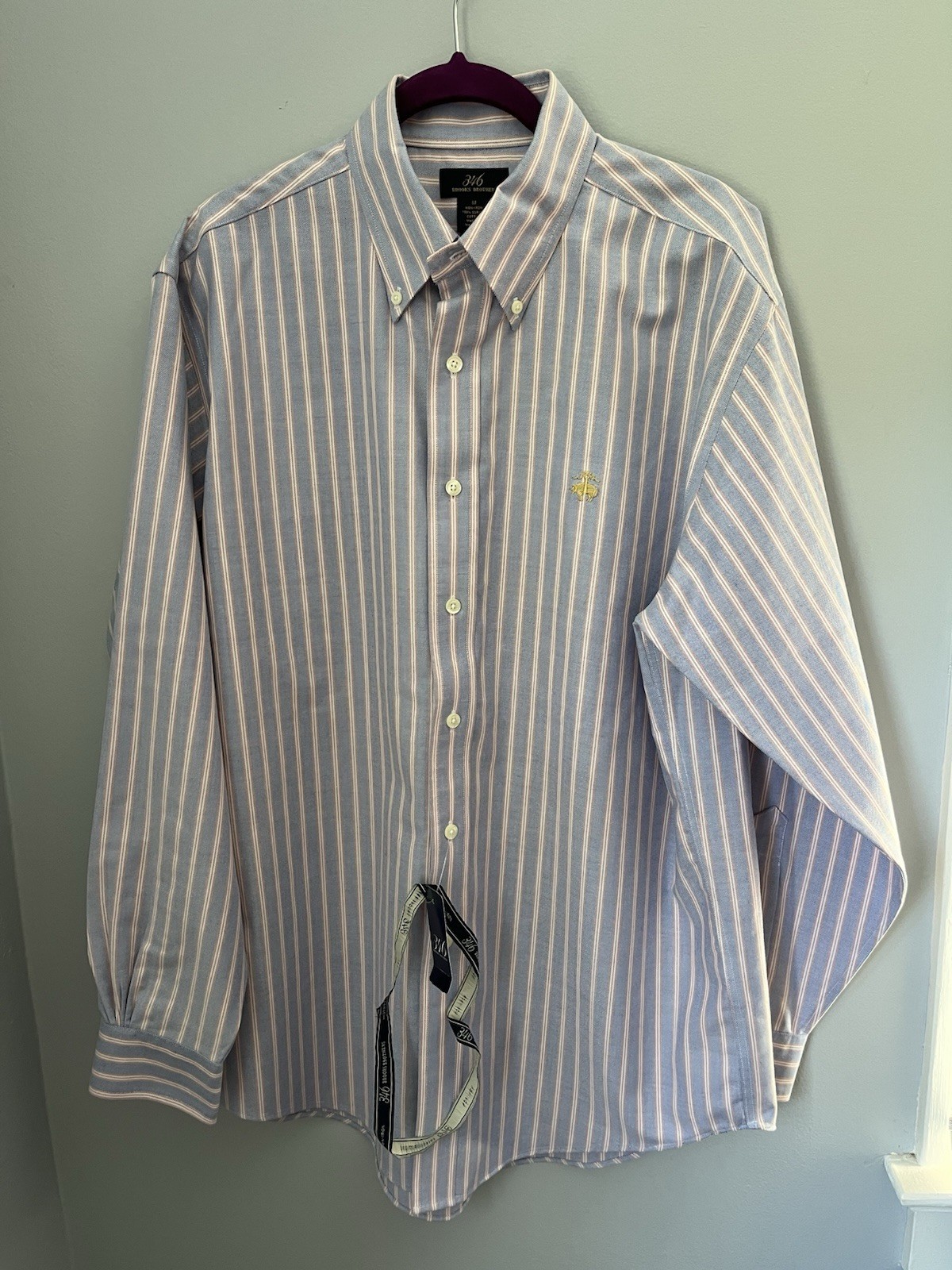 Brooks Brothers 346  Men's Shirt Button Down Size M Oxford Blue And Pink Striped