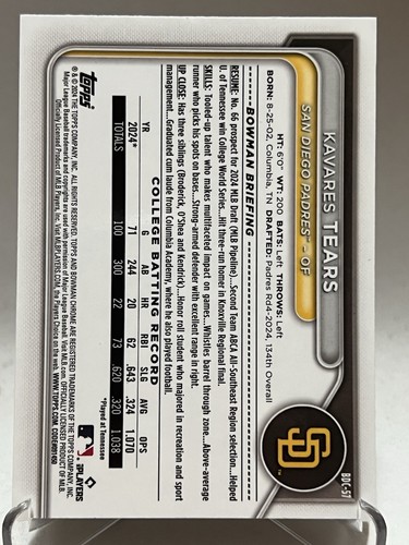2024 Bowman Draft - Chrome #BDC-57 Kavares Tears (1st Bowman) - Picture 5 of 5