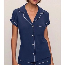 Eberjey S Gisele Short Sleeve Pajama TOP Navy Blue Piping Modal Jersey Small