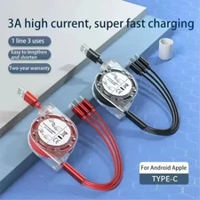 3 in 1 Retractable Fast Charging Cord Charger Cables for IPhone Samsung Android