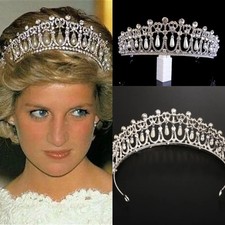 Vintage Silver Color Queen Princess Diana Crown Crystal Pearls Diadem For Bridal