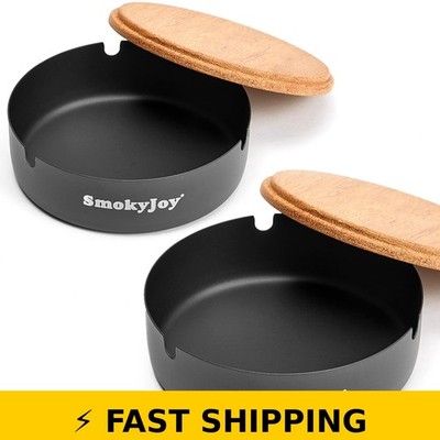 SmokyJoy Windproof Ashtray with Lid, 2 Pack, Black Stainless Steel