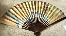 Vintage Hand Painted Oriental Folding Fan - Large Wall Hanging Art Decor 50  x30  