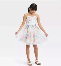Girls Sz 12 Party Colorful Flare Dress White Floral Sleeveless Back Button