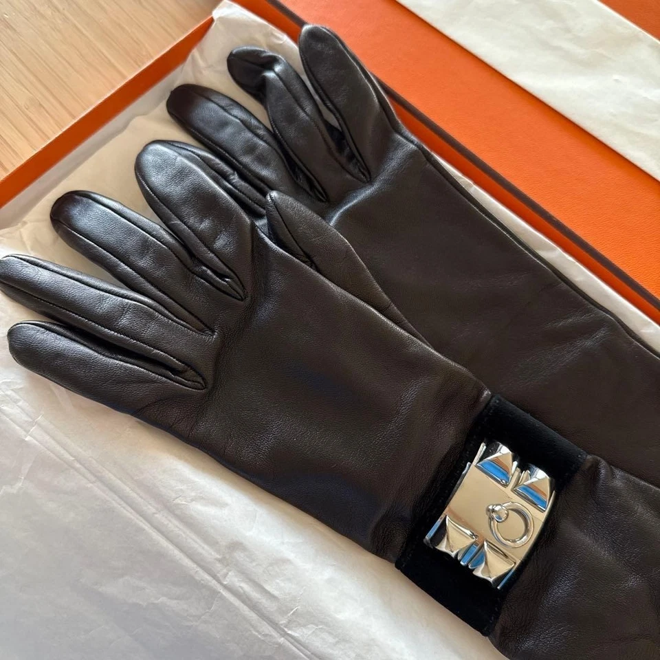 Authentic HERMES Long Gloves Black Leather Hardware Silver Buckle Women's - Image 2 of 4