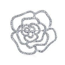 Large Fashion Statement Rose Flower Brooch Pin Sparkling Crystals Silver Tone