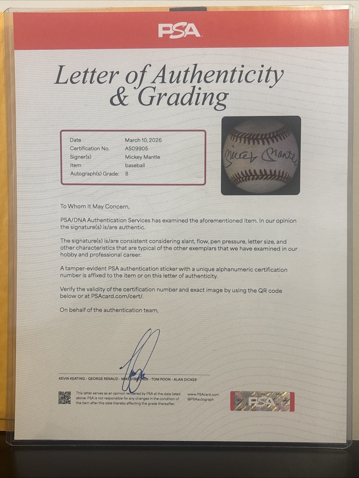 Mickey Mantle Autographed Baseball- PSA Auto Grade- NEAR MINT- MINT 8 view 6