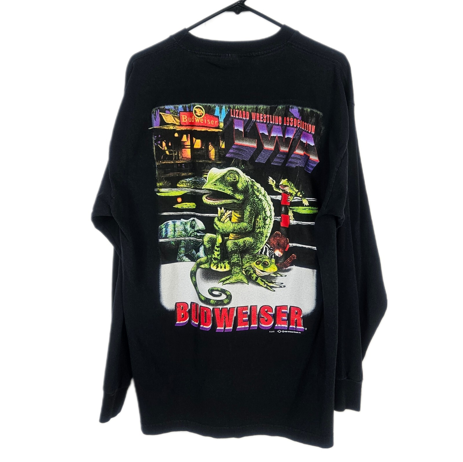 Camisa Budweiser De Colección Para Hombres XL Negra Lucha Lagarto Manga Larga Gráfico